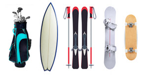 golf clubs, surf board, ski board with poles, snowboard and skateboard