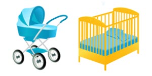 blue baby stroller and yellow baby cot