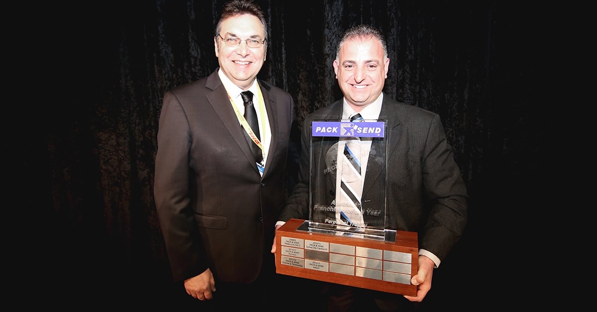 PACK & SEND CEO Maicla Paul with 2016 Franchisee of the Year, Davide Scicluna